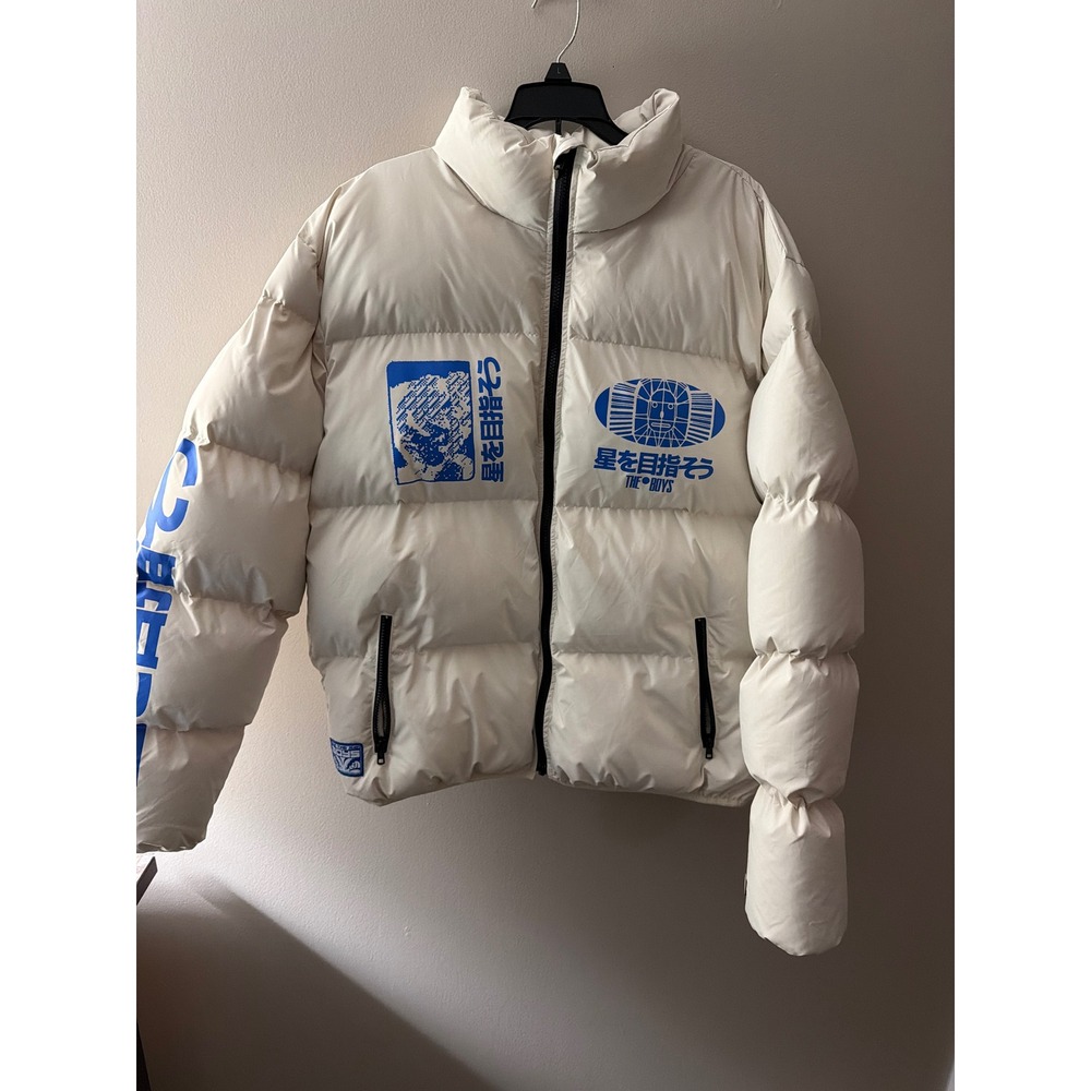The Boys Anime Graphic Puffer Jacket Cream Blue Streetwear Quilted Coat Large